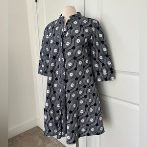 ZURI Kenya size S Black White PINBALL Print Dress 38" long Pockets A-line